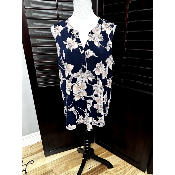 Papermoon Blue Floral Sleeveless Blouse V Neck Stretch XL - Picture 1 of 7